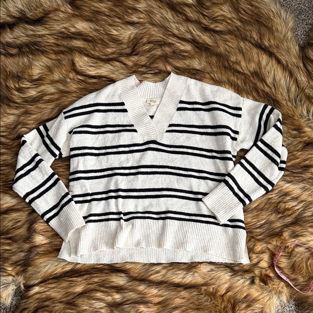 Zara Black and White Striped V-Neck Sweater